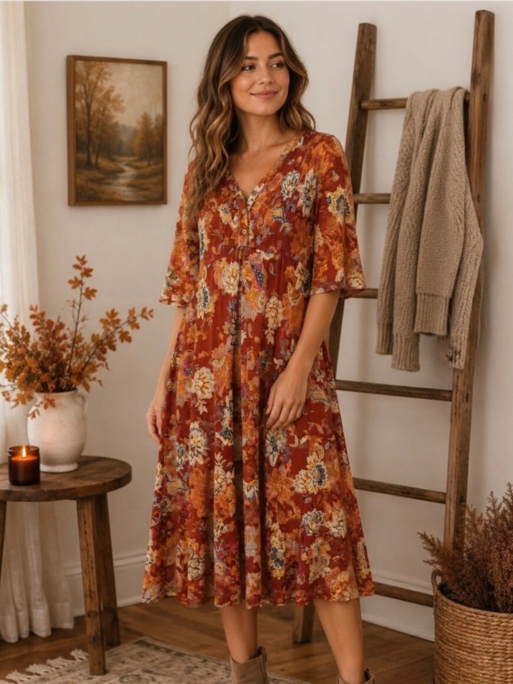 Boho Rust Floral Midi Dress